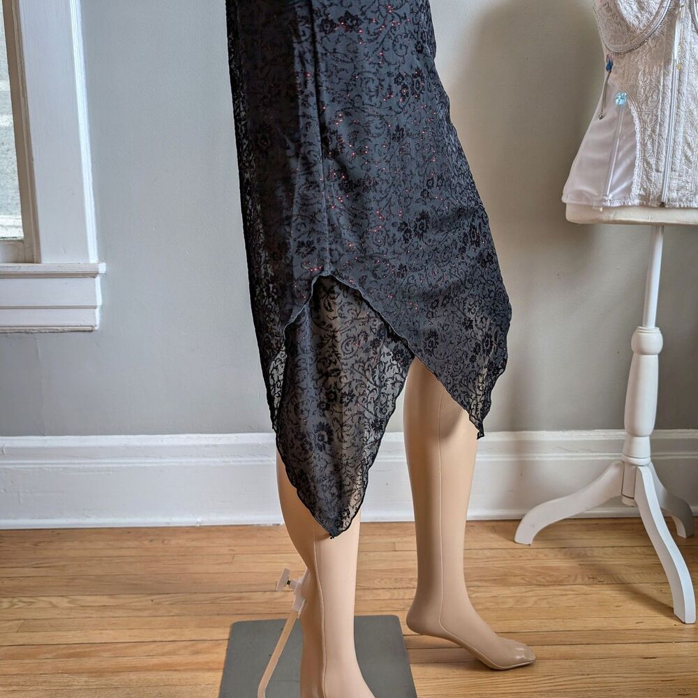 Vintage 90s Byer Too Black Midi Dress Cocktail Floral Glitter Whimsygoth Size M - Picture 12 of 16
